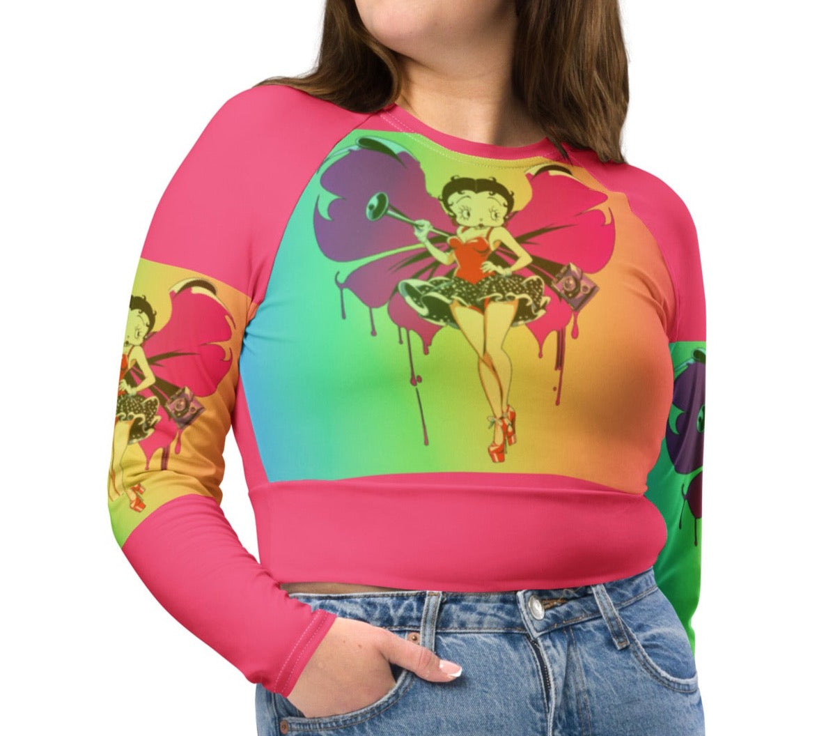 Betty Boop Oversized Long-Sleeve Crop Top | Fashionable Cartoons & Bold Colors - Dhalfashionistt