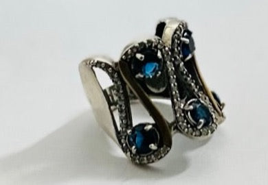 Blue Sapphire Flower Diamonds silver and gold Band Ring | Fashion Jewelry - Dhalfashionistt