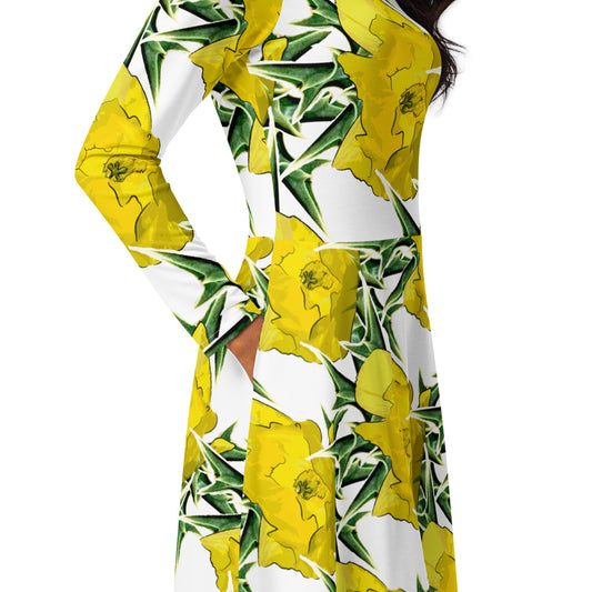 Bold yellow flowers photography Long sleeve Midi Dress | Nature Inspired - Dhalfashionistt