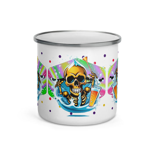 Dhalfashionistt Cheerful Skull Enamel Mug  |  Camper Mug for Fun Office and Home Decor camper mug camping mug cute mug. durable mug Durable Outdoor Mug enamel mug fun mug hiking mug home decor hot beverage mug lightweight mug Nature Inspired Nature Lover's Gift Nature Lovers novelty gift novelty mug office decor outdoor accessories Outdoor Adventure Outdoor Apparel Outdoor Enthusiast Gift quirky mug unique gift unique mug Unique Novelty Gift Free Text