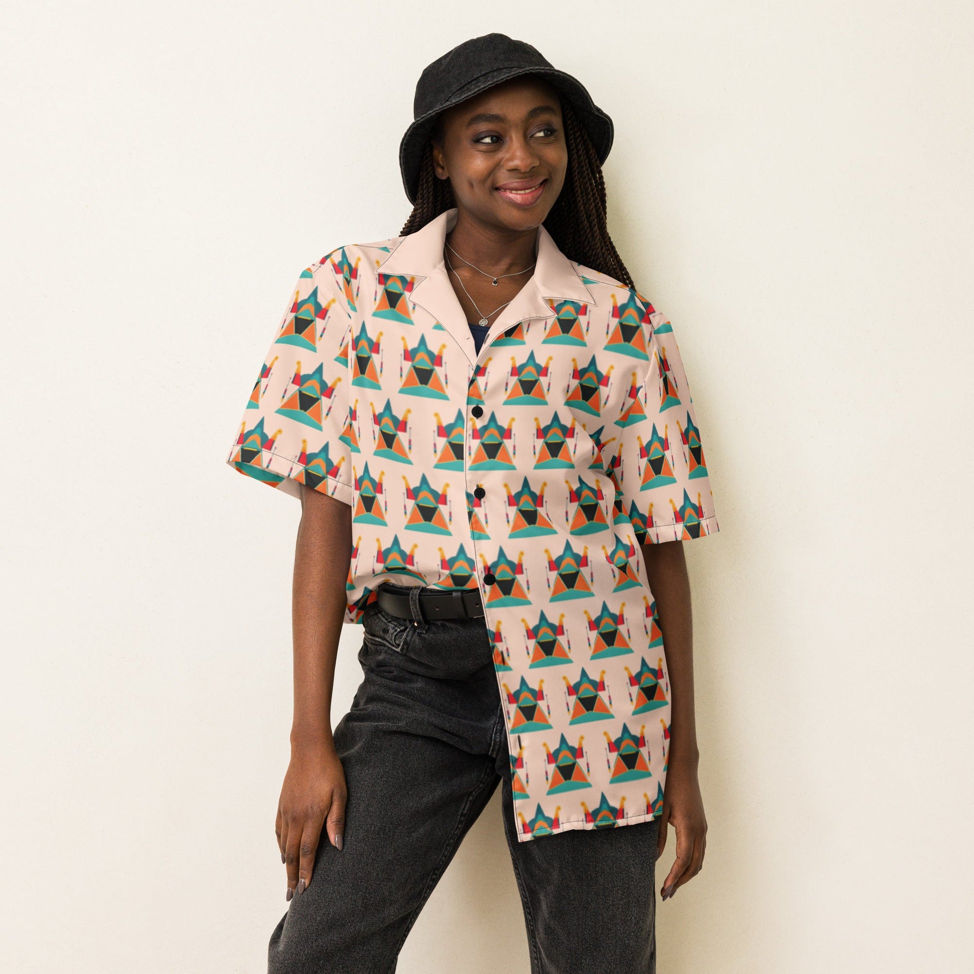 Colorful Modern Aztec Sun Pyramid Unisex Button Shirt | Unique Design - Dhalfashionistt