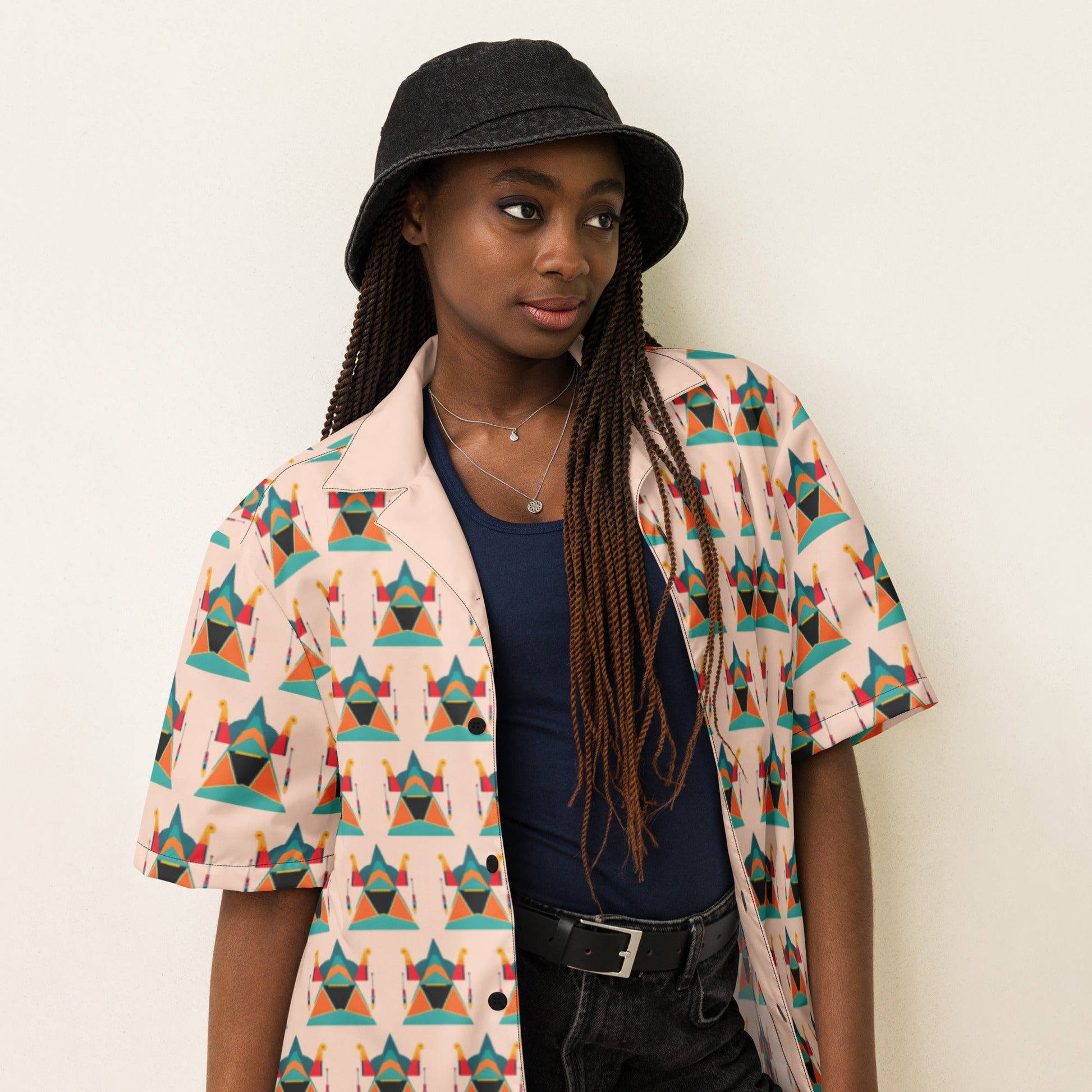 Colorful Modern Aztec Sun Pyramid Unisex Button Shirt | Unique Design - Dhalfashionistt