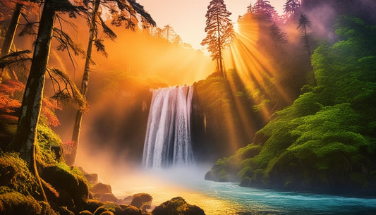 Colorful Waterfall On A Forest With Mist And Sun Rays Wall Mural | Interior Decor Wallpaper - Dhalfashionistt