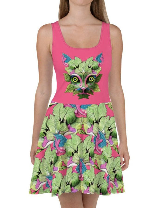 Dhalfashionistt Detailed incredibly Orrnate Decorative Green Cat Skater Dress  | Oversized Dress Cat skater dress Decorative dress Dress to impress Elegant twist Flared skirt Gift for her Green cat dress Green dress Online clothing store Ornate dress Ornate pattern Oversized dress Shop now Sleeveless dress Soft fabric Statement dress Trendy dress Unique design USA. Vibrant colors Women's fashion Free Text