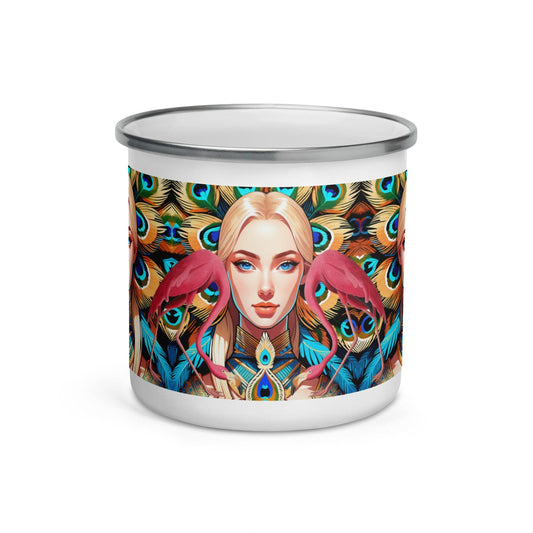 Dreamy Trumpeter Swan Camp Mug | Alphonse Mucha Design | Peacock Feathers - Dhalfashionistt