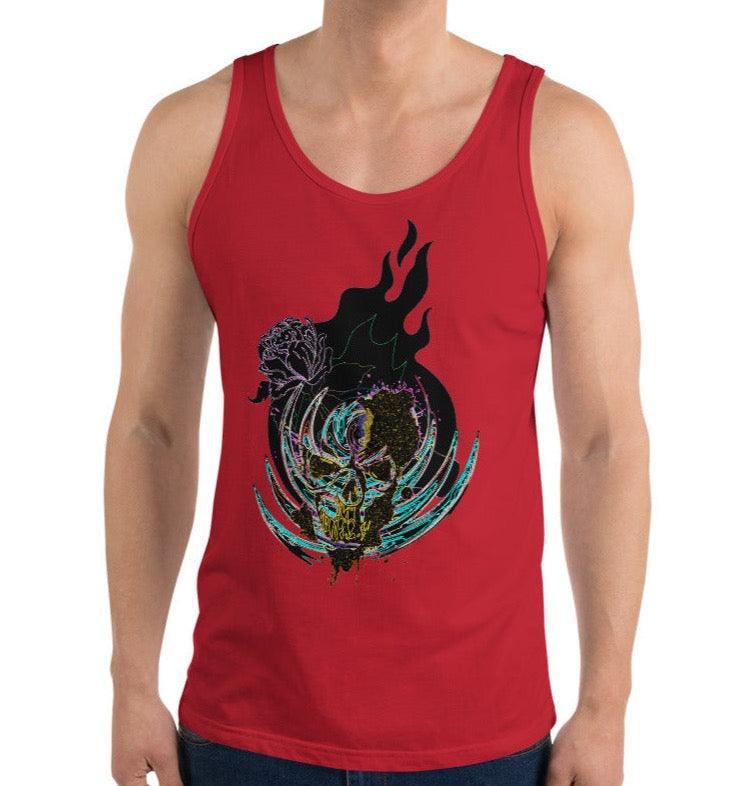 Dhalfashionistt Fire Flame Tank Top| Face Skull | Scary Skeleton | Graphic Tee | Gift for Him Casual wear Comfort Colors Cotton Tank Fashionable tank Fire Flame Tank Flame prints Gift for him Graphic tee Men's Clothing Men's fashion Online shopping USA oversized tank top Skull designs Streetwear Stylish apparel Trendy shirts Unique designs Free Text