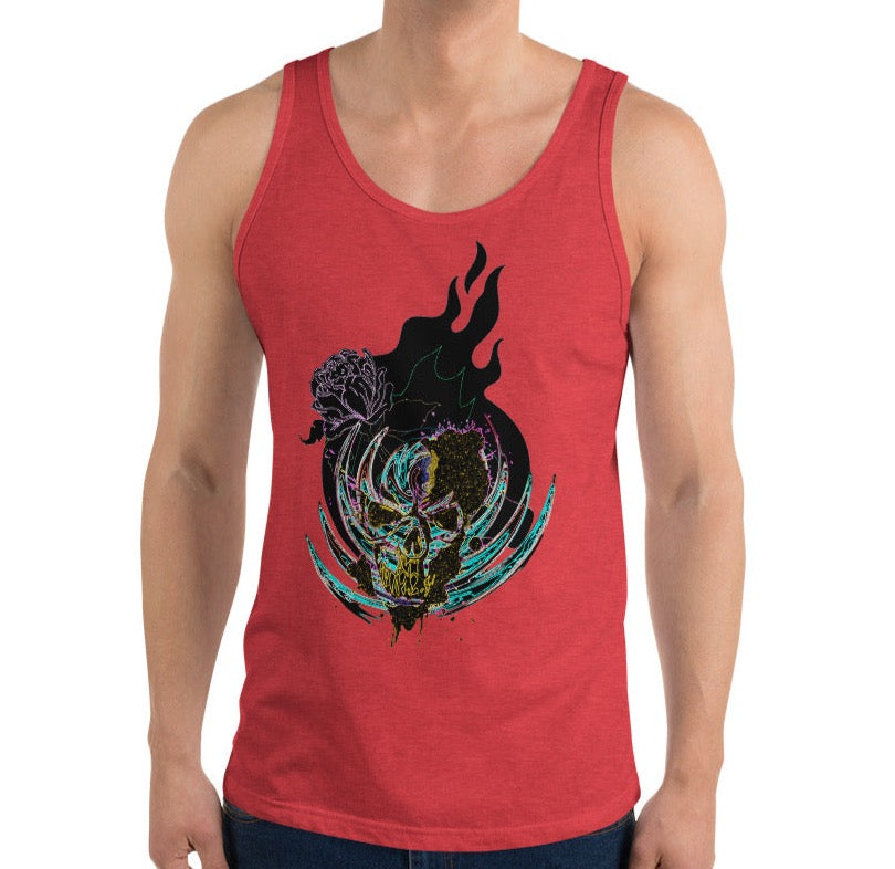 Dhalfashionistt Fire Flame Tank Top| Face Skull | Scary Skeleton | Graphic Tee | Gift for Him Casual wear Comfort Colors Cotton Tank Fashionable tank Fire Flame Tank Flame prints Gift for him Graphic tee Men's Clothing Men's fashion Online shopping USA oversized tank top Skull designs Streetwear Stylish apparel Trendy shirts Unique designs Free Text