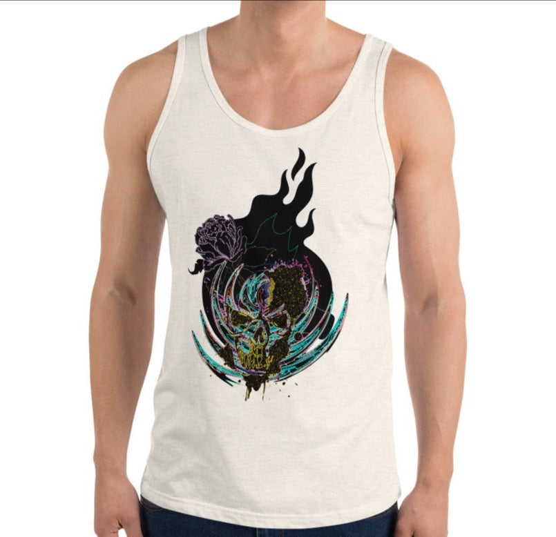 Dhalfashionistt Fire Flame Tank Top| Face Skull | Scary Skeleton | Graphic Tee | Gift for Him Casual wear Comfort Colors Cotton Tank Fashionable tank Fire Flame Tank Flame prints Gift for him Graphic tee Men's Clothing Men's fashion Online shopping USA oversized tank top Skull designs Streetwear Stylish apparel Trendy shirts Unique designs Free Text