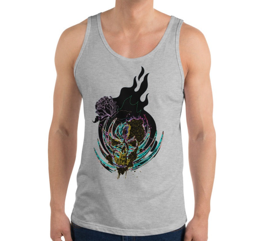 Dhalfashionistt Fire Flame Tank Top| Face Skull | Scary Skeleton | Graphic Tee | Gift for Him Casual wear Comfort Colors Cotton Tank Fashionable tank Fire Flame Tank Flame prints Gift for him Graphic tee Men's Clothing Men's fashion Online shopping USA oversized tank top Skull designs Streetwear Stylish apparel Trendy shirts Unique designs Free Text