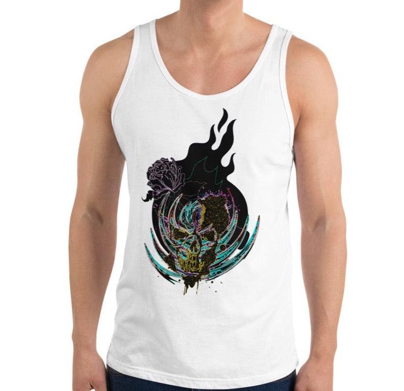 Dhalfashionistt Fire Flame Tank Top| Face Skull | Scary Skeleton | Graphic Tee | Gift for Him Casual wear Comfort Colors Cotton Tank Fashionable tank Fire Flame Tank Flame prints Gift for him Graphic tee Men's Clothing Men's fashion Online shopping USA oversized tank top Skull designs Streetwear Stylish apparel Trendy shirts Unique designs Free Text