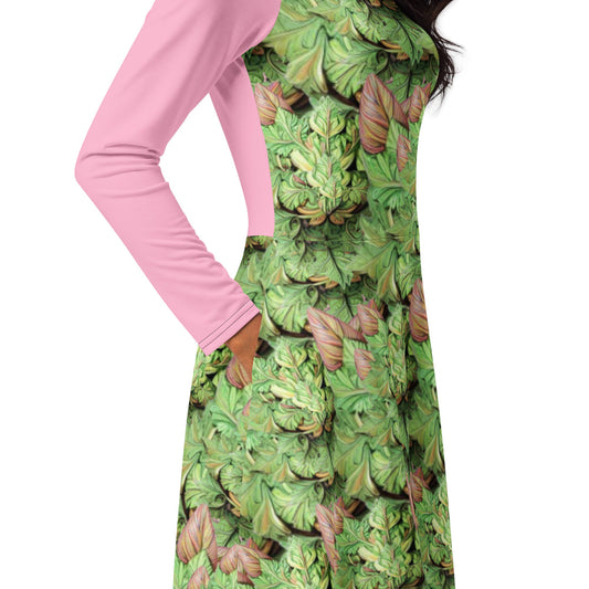 Flower Ornate Decorative long sleeve midi Dress | Oversized Dress | Botanical Garden - Dhalfashionistt