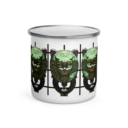 Dhalfashionistt Incredibly Ornate Decorative Green Cat  Enamel | Mug unique Camper Mug | Home & Office Accesories Bag attachment mug Beverage mug Camper mug Camping mug Camping trip essentials Durable mug Durable Outdoor Mug Enamel mug Green mug Hiking mug Home accessories Hot meal mug Lightweight mug Multifunctional mug Office accessories Online store Shopify USA. unique gift Unique mug Unique Novelty Gift Free Text