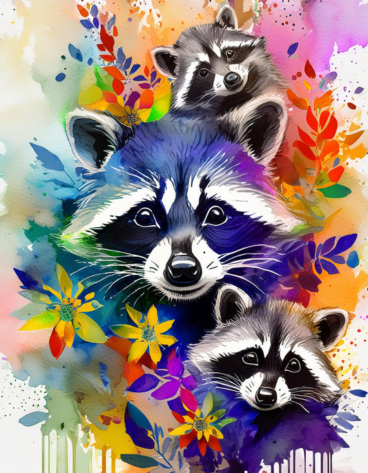 Raccoons Watercolor Art Paper Wall Mural | Wildlife Wallpaper - Dhalfashionistt