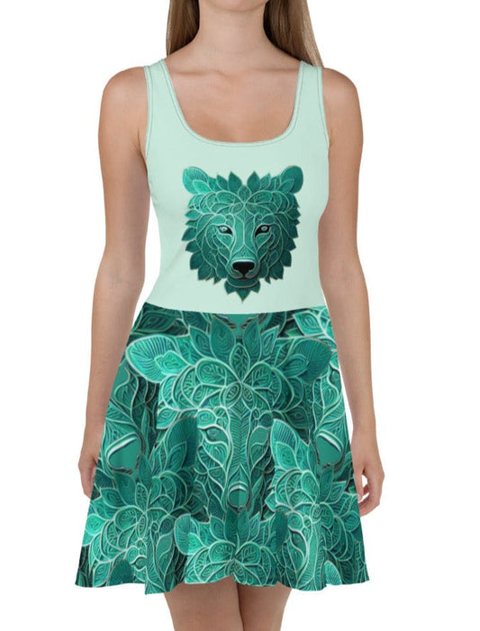 Dhalfashionistt Radiant Colorful Ornate Decorative Green Wolf Skater Dress |  Unique Design Colorful dress Comfort Colors Elegant dress Eye-catching dress Fashionable dress Flared skirt dress Gift for her Green dress Gren Wolf Ornate decorative dress Ornate dress
Decorative dress Oversized dress Skater dress Sleeveless dress Trendy dress Unique design Unique design dress Unique dress Vibrant colors Vibrant dress Wolf print dress Women's fashion Free Text