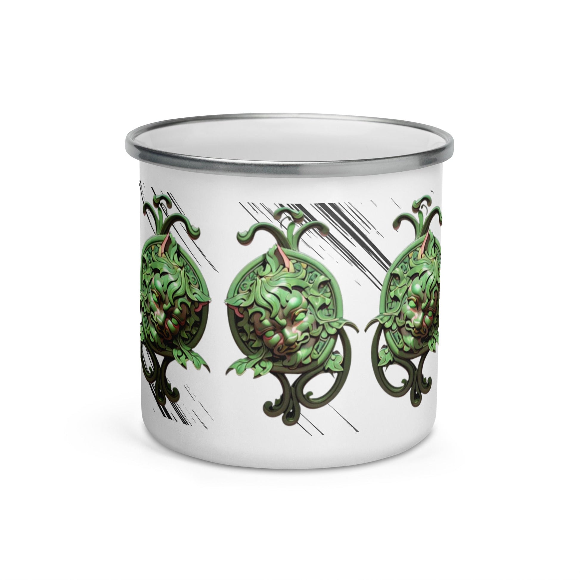 Dhalfashionistt Rich Deep Colors Ornate Decorative Green Men Enamel | Mug Unique Camper Mug | Home & Office Accesories Bag attachment mug Beverage mug Camper mug Camping mug Camping trip essentials Durable mug Durable Outdoor Mug Enamel mug Hiking essentials Hiking mug Home accessories Hot meal mug Lightweight mug Multifunctional mug Office accessories Online store Ornate Decorative  Men Rich Deep Colors Shopify USA. unique gift Unique mug Unique Novelty Gift Free Text