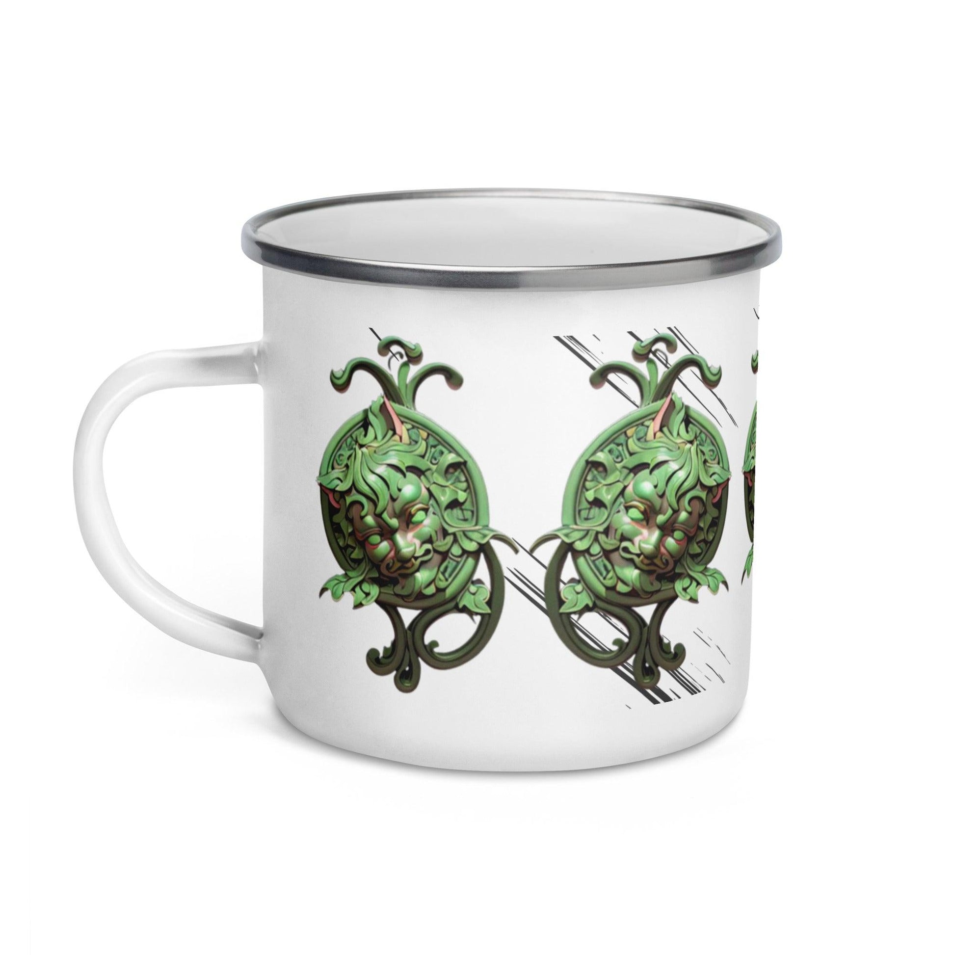 Dhalfashionistt Rich Deep Colors Ornate Decorative Green Men Enamel | Mug Unique Camper Mug | Home & Office Accesories Bag attachment mug Beverage mug Camper mug Camping mug Camping trip essentials Durable mug Durable Outdoor Mug Enamel mug Hiking essentials Hiking mug Home accessories Hot meal mug Lightweight mug Multifunctional mug Office accessories Online store Ornate Decorative  Men Rich Deep Colors Shopify USA. unique gift Unique mug Unique Novelty Gift Free Text