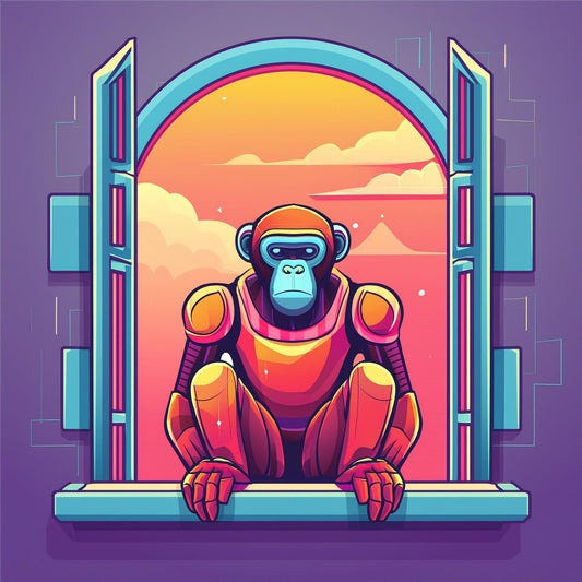 Robot Monkey Futuristic Is Sitting At The Glass Window Wall Mural | Home & Office Decor Wallpaper - Dhalfashionistt