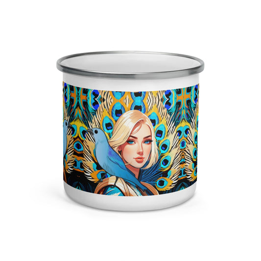 Stylish Birds Camp Mug | Vibrant Peacock Feather | Alphonse Mucha Inspiration - Dhalfashionistt