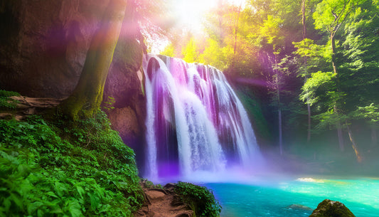 Sunlit Waterfall Amidst Vibrant Forest Wall Mural | Natural Artistic Decor Wallpaper - Dhalfashionistt