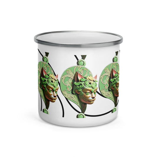 Dhalfashionistt Ultra Detailed Ornate Decorative Green  Cat Men  Enamel | Mug Unique Camper Mug | Home & Office Accesories Bag attachment mug Beverage mug Camper mug Camping mug Camping trip essentials Durable mug Durable Outdoor Mug Enamel mug Green Cat Men Hiking essentials Hiking mug Home accessories Hot meal mug Lightweight mug Multifunctional mug Office accessories Online store Shopify USA. unique gift Unique mug Unique Novelty Gift Free Text