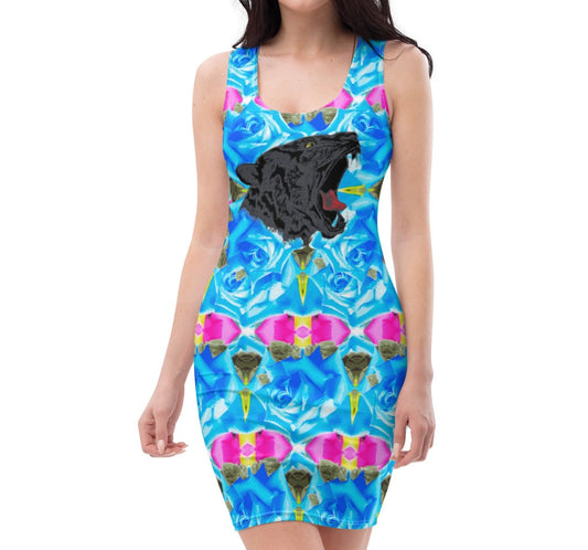 Vibrant Panther & Rose Garden pattern Bodycon Dress | Nature Inspired - Dhalfashionistt