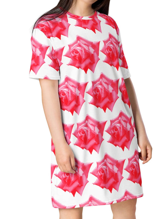 Vibrant Rose Garden: Roses T-shirt Dress| Floral Design| Gift for Her - Dhalfashionistt