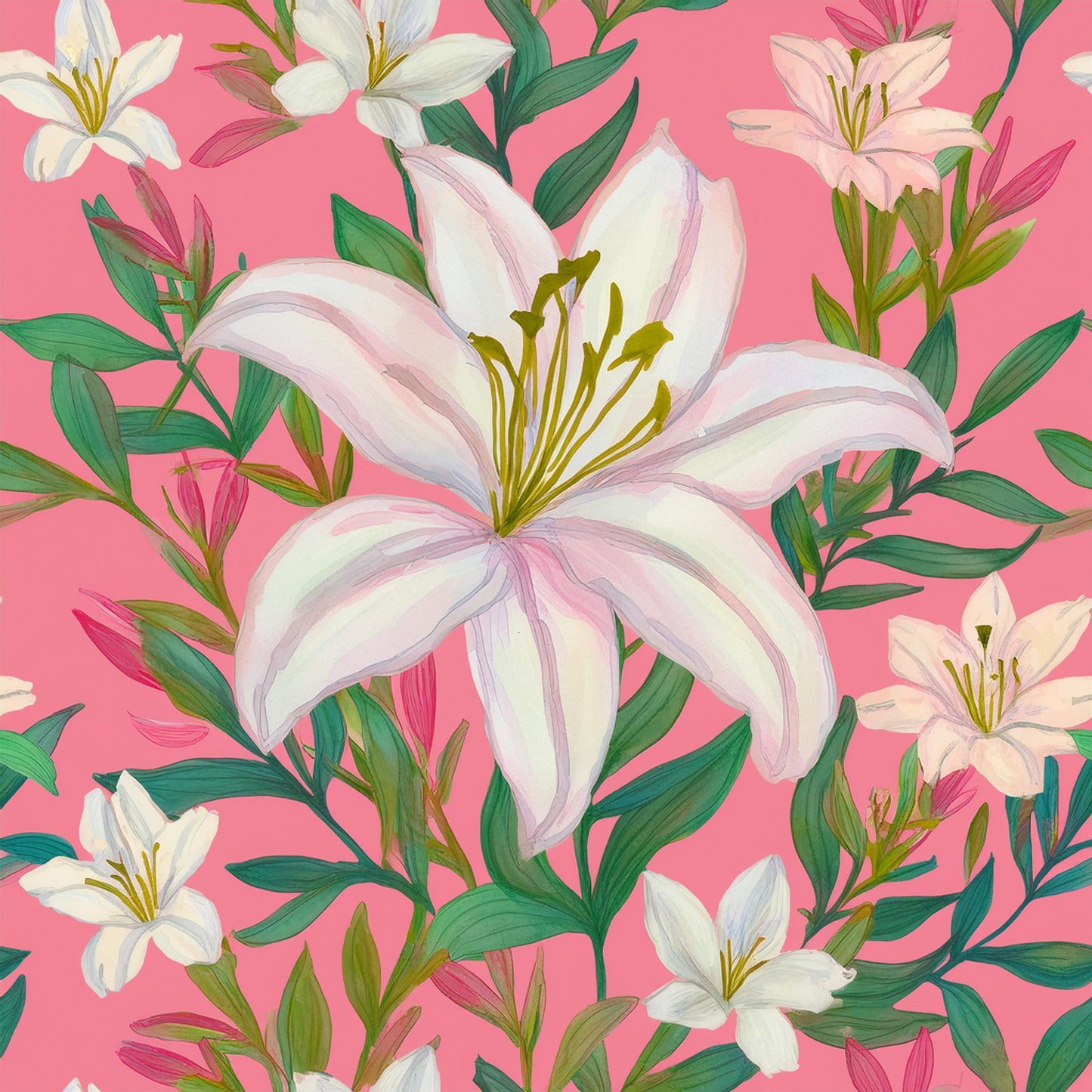 Vibrant White Lily Flower Colorful Mural | Botanical Beauty Design Wallpaper - Dhalfashionistt