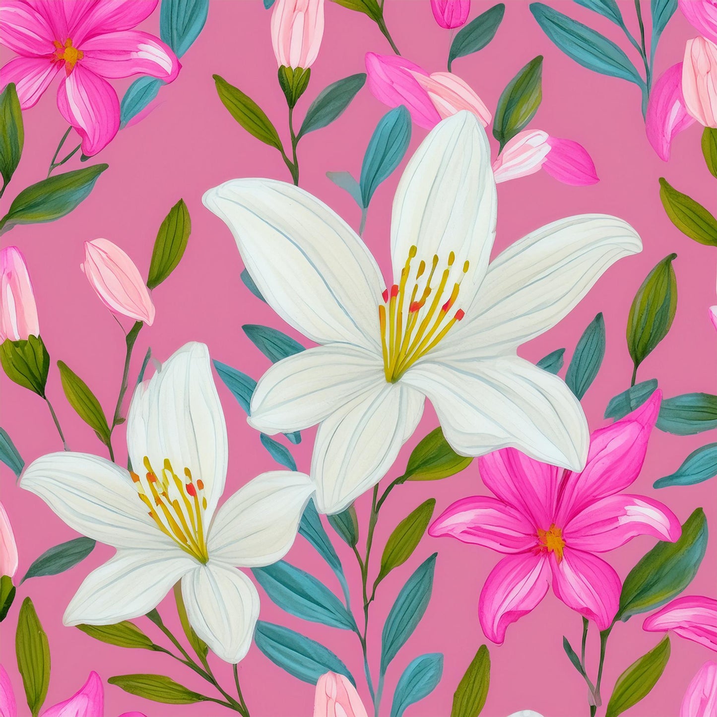 Vibrant White Lily Flower Colorful Mural | Botanical Beauty Design Wallpaper - Dhalfashionistt