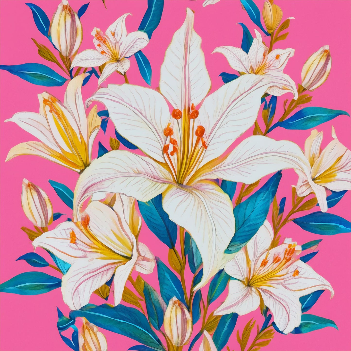 Vibrant White Lily Flower Colorful Mural | Botanical Beauty Design Wallpaper - Dhalfashionistt