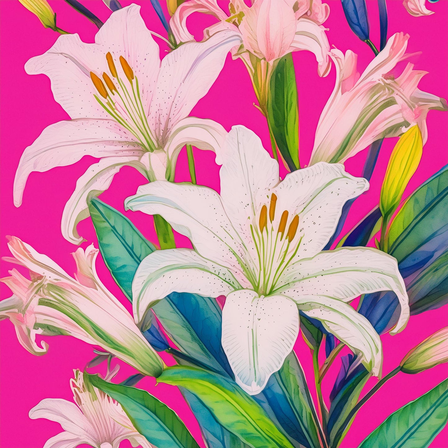 Vibrant White Lily Flower Colorful Mural | Botanical Beauty Design Wallpaper - Dhalfashionistt