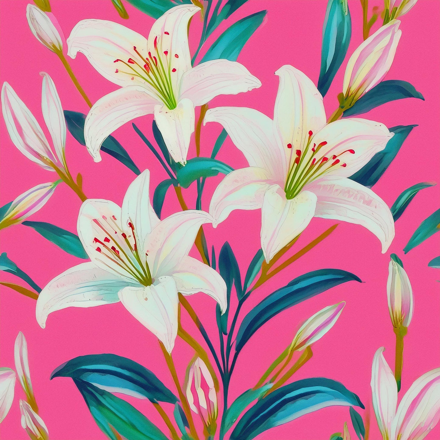 Vibrant White Lily Flower Colorful Mural | Botanical Beauty Design Wallpaper - Dhalfashionistt