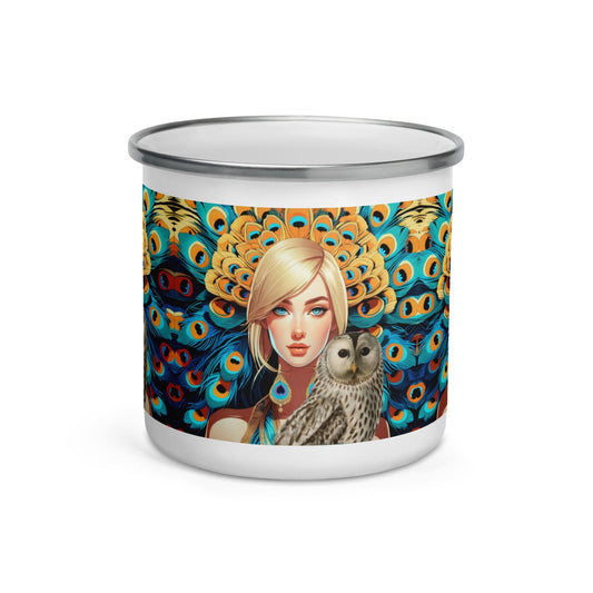 Wonderful Owl Camp Mug | Alphonse Mucha Inspiration | Vibrant Peacock Feathers - Dhalfashionistt